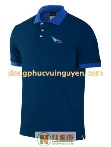 Mẫu áo thun đồng phục công ty có cổ đẹp màu xanh đậm có viền mang đến